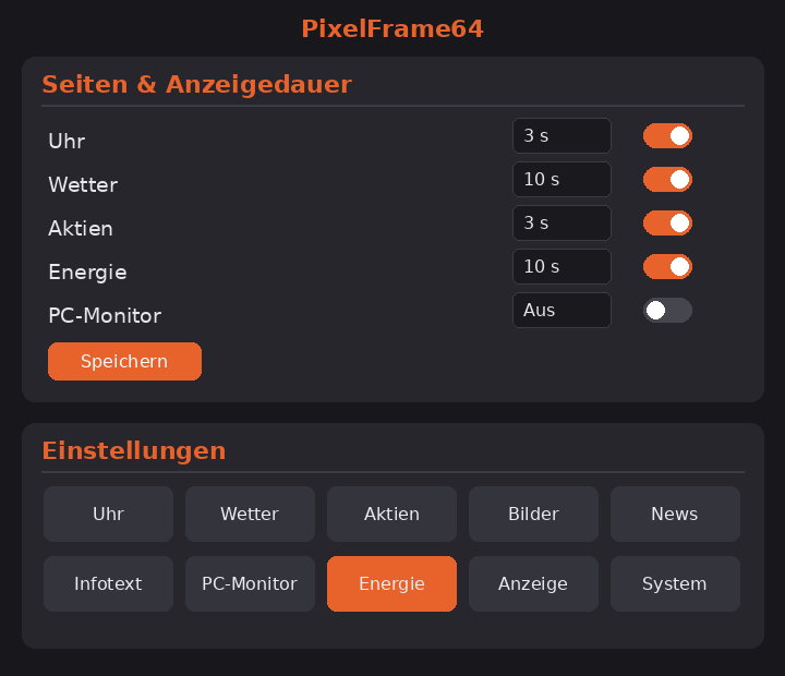 Das Webinterface: oben Seiten & Anzeigedauer, unten die Einstellungs-Kacheln