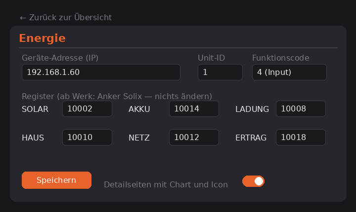Energie-Einstellungen: nur die IP eintragen