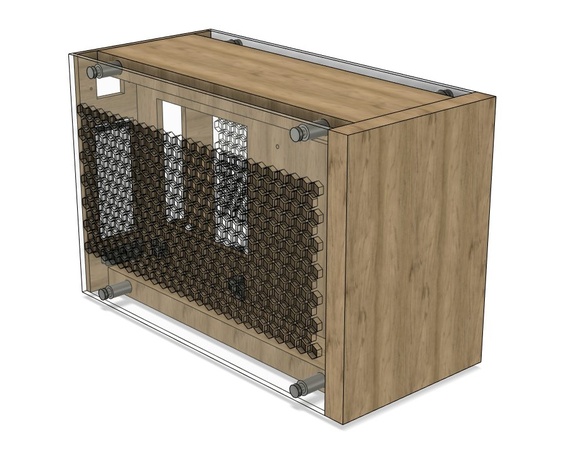 CAD render from 2023 – the origin: oak with mesh front