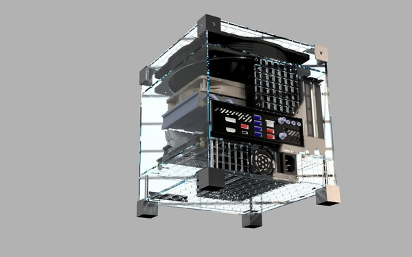 CAD-Rendering von hinten – Flex-ATX-Netzteil und 2-Slot-GPU